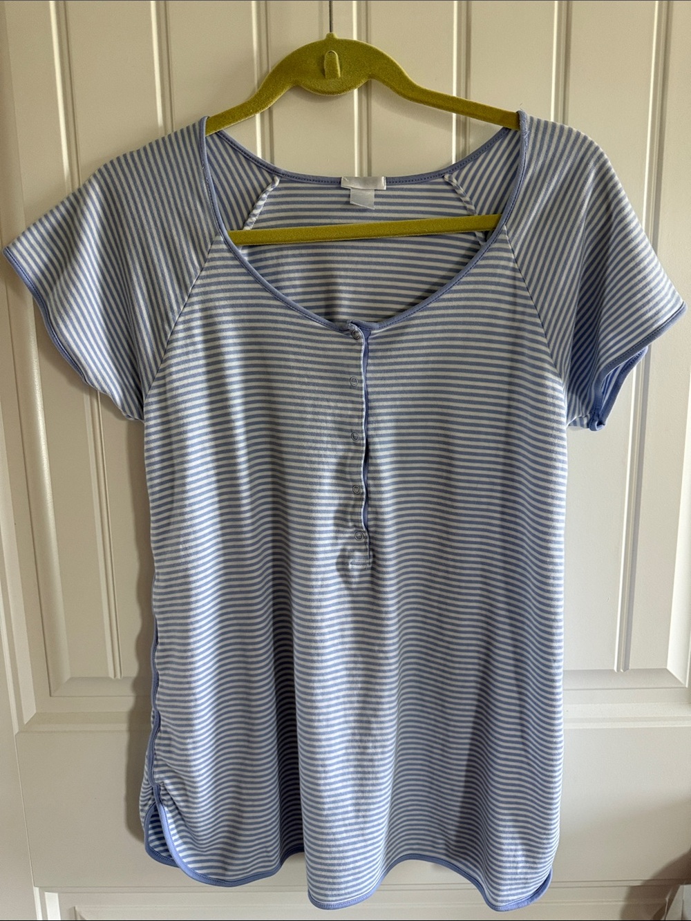 Striped Light Blue and White Short Sleeve Button-Front Tee